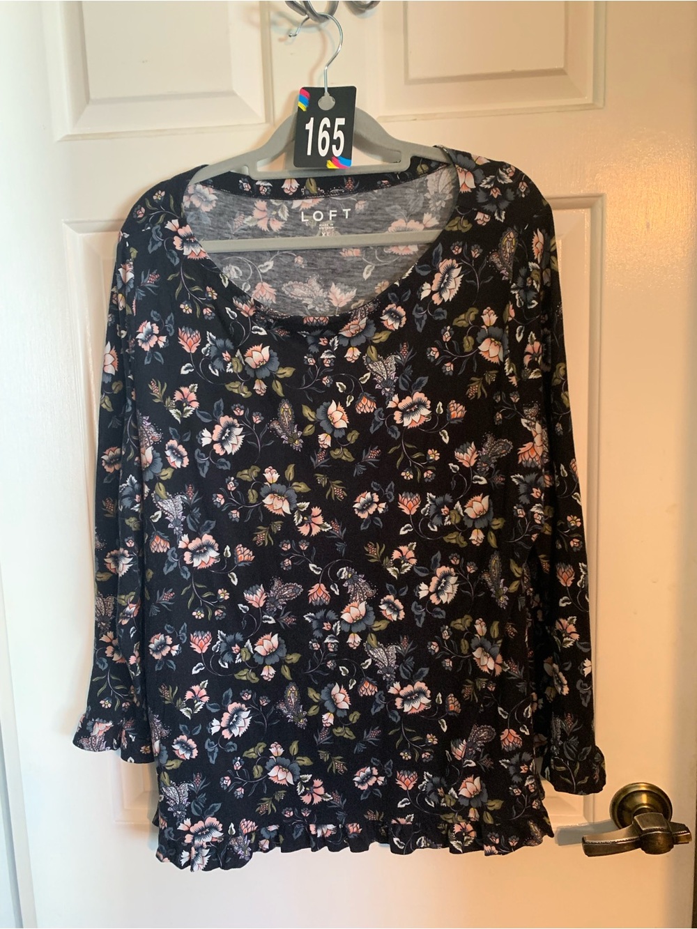 LOFT Black Floral Ruffle-Hem Long Sleeve Top